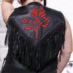 vintage rose and fringe leather biker vest